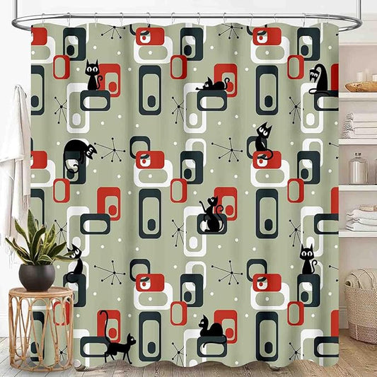 Mid Century Shower Curtain for Bathroom, Modern Cat Abstract Atomic Geometric Print Lovely Black Kittey Retro 1950s 1960s Black Waterproof Fabric Shower Curtain Set with Hooks, 72"x84" Inch