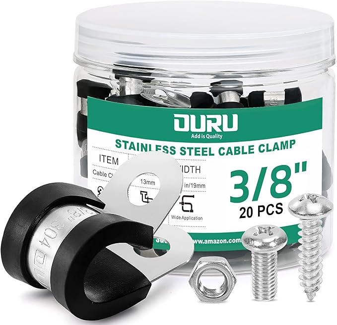 OURU 20PCS 3/8 Inch Cable Clamps with 45PCS Screws Assortment Kit 304 Stainless Steel Rubber Cushioned Insulated Cable Clamp, Automotive Wire Pipe Clamps(10mm)