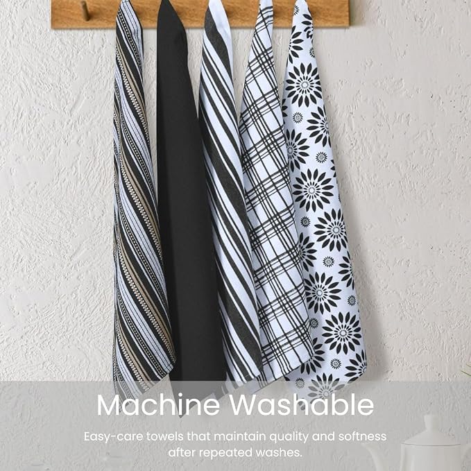 Assorted Kitchen Towels - Black Kitchen Towels, Set of 5, 16x26 in - Absorbent 100% Cotton Dish Towels with Hanging Loop - Waffle Weave Tea Towels for Drying Dishes, Glassware & Counters