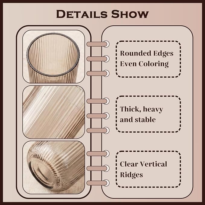 Gray Ribbed Highball Glasses Set of 6, 13.2oz Smokey Gray Colored Glassware, Drinking Glasses for Water, Juice, Iced Coffee, Cocktails, Glass Cups, Housewarming Christmas Gift