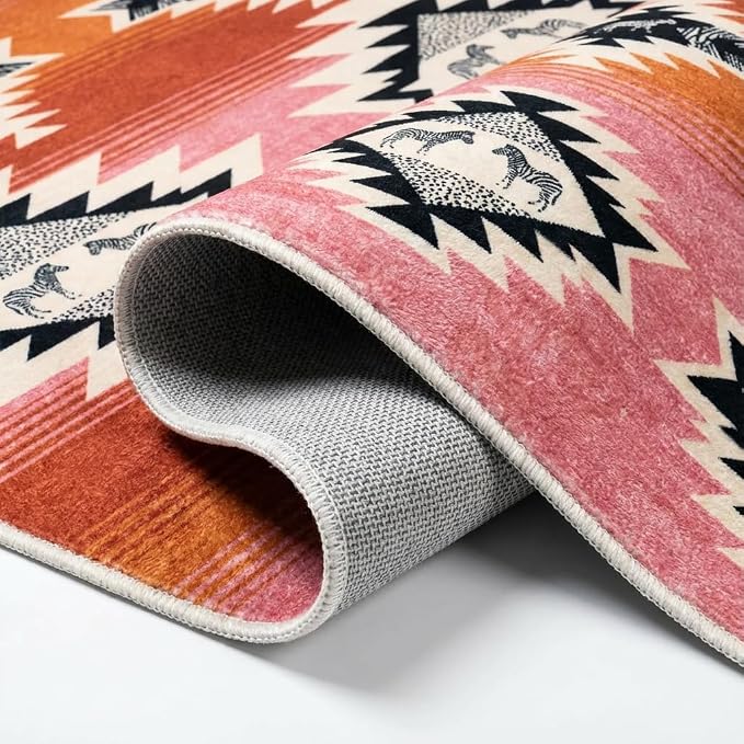 5x7 Area Rugs for Living Room: Blush Pink & Terracotta Tribal Southwestern Zebra Geometric Area Rug Washable Non-Slip Backing for Living Room Bedroom Leisure Area Decor