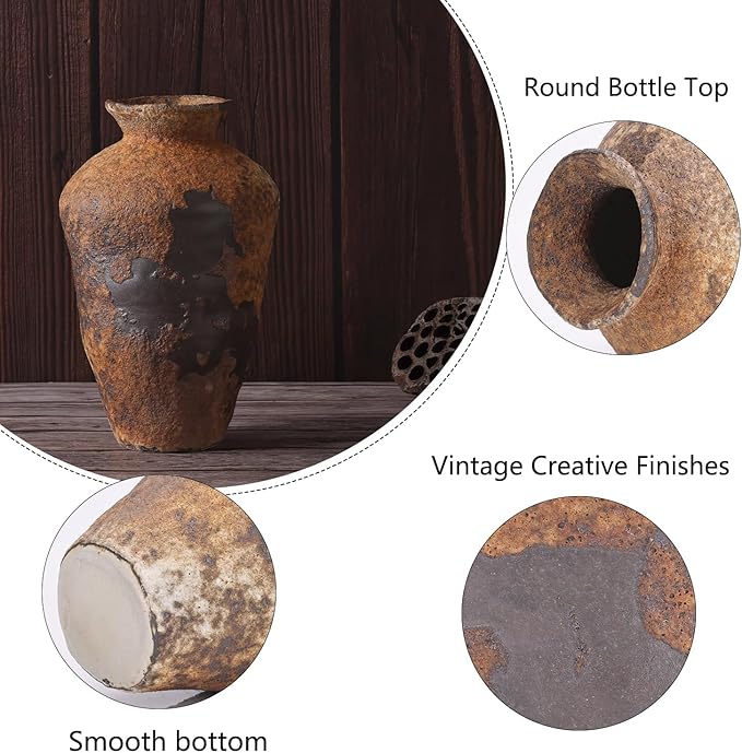 Small Stone Vase for Rustic Home Decor, Farmhouse Antique Pottery Vase Furniture&Table Flower Decorative, Round Terracotta Vases for Living Room Decor, Modern Rustic Concrete Clay Art Vases