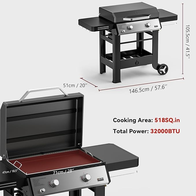 ONLYFIRE GRILLS Heavy Duty Propane Gas Griddle with Grill Cover, Premium 2-Burner Flat Top Gas Griddle with 518 sq.in Cooking Area, Foldable Side Tables, for Outdoor Patio Backyard BBQ Party, GS351