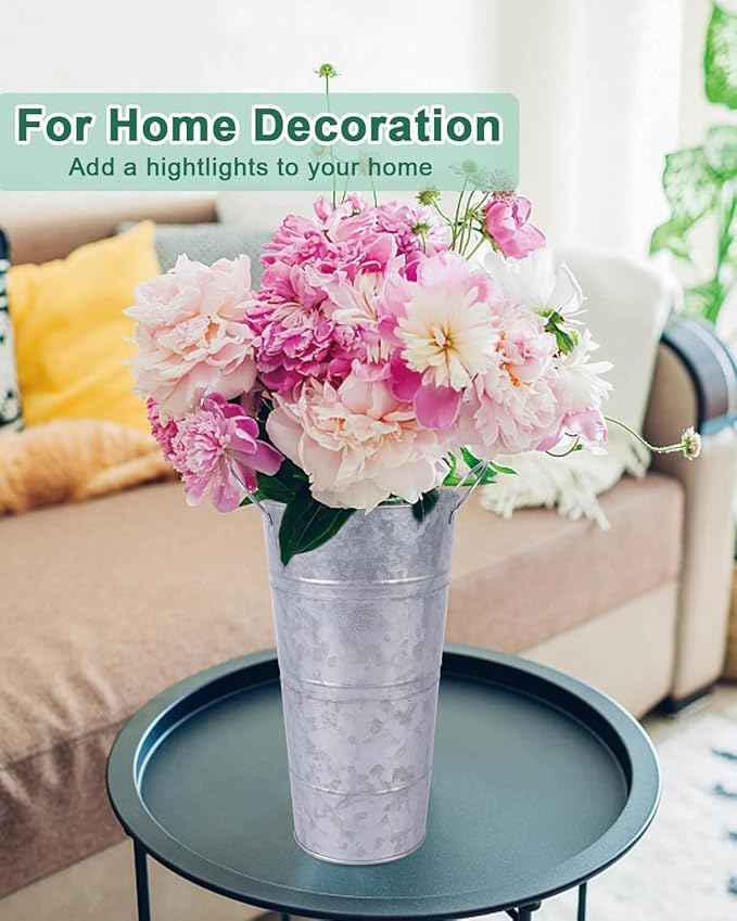 12 Inch Galvanized Metal Vases for Flowers - 2 Pcs Farmhouse Decorative Tall Flower Bucket with Handles, Rustic French Tin Planter Buckets for Wedding Decor (Silver)