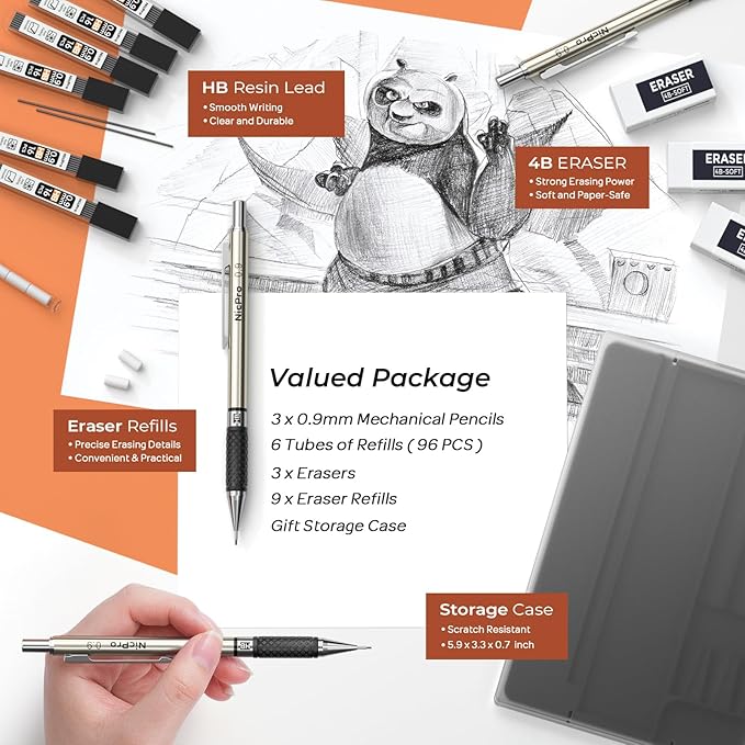 Nicpro 0.9 mm Art Mechanical Pencil Set in Storage Case, 3 PCS Metal Drafting Pencil Lead Pencil with 6 Tube HB Lead Refills, 3 Erasers, 9 PCS Eraser Refills for Artist Writing, Drawing, Sketching
