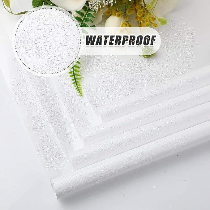 Sabary 120 Sheets Flower Wrapping Paper Bouquet Pure Color Waterproof Floral Packaging Paper with 196 Inch Ribbon Florist Bouquet Supplies for Wedding Birthday DIY, 22.8 x 22.8 Inch(White)