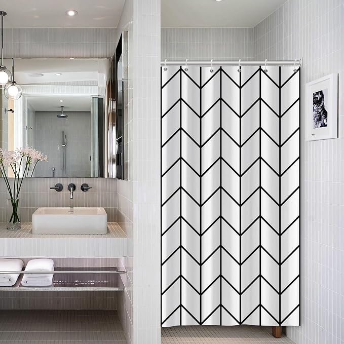 Boho Herringbone Shower Curtains Black White Zig Zag Geometric Bathroom Curtain Minimalist Abstract Polyester Shower Curtain Sets for Bathroom Extra Long 54x72 in with 10 Hooks