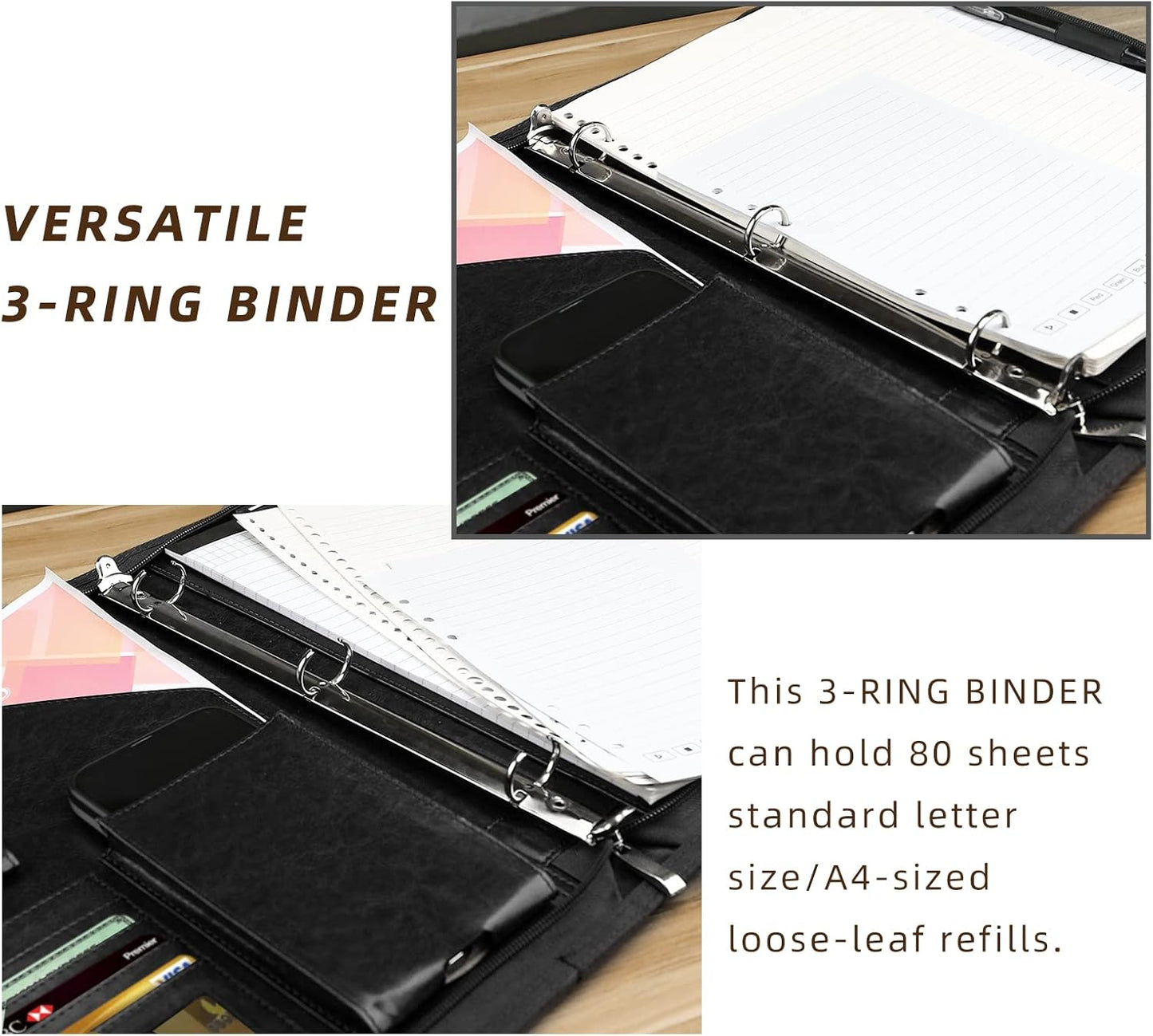 WRIYES Leather Padfolio - Professional Zippered Portfolio Organizer with 3 Ring Binder | Black