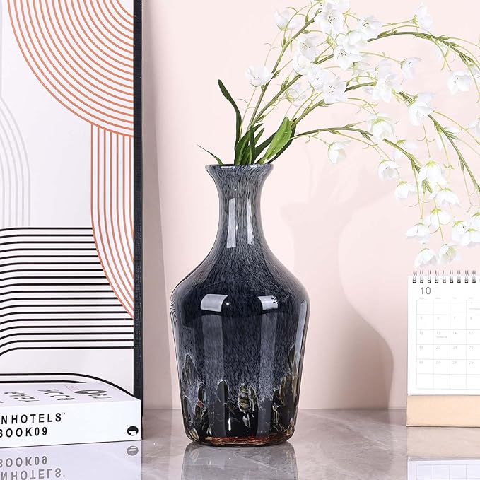 Hand Blown Glass Vase Smoke Gray – Murano Style Art Glass Vase with Rounded Belly and Wide Mouth, Bubble Vase, Elegant Centerpiece for Floral Arrangements in Dining or Living Room (Gray)