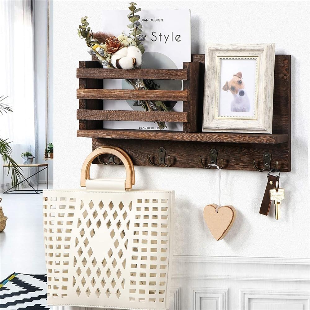 Wooden Key Holder | Rustic Wall Organizer with Hooks - Stylish Mail & Key Chain Storage