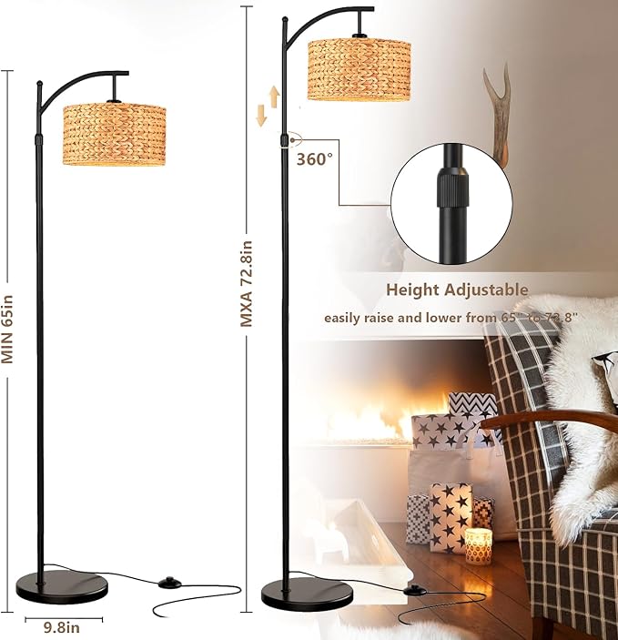QIYIZM Floor Lamp for Living Room Bedroom Farmhouse Arc Rattan Boho Standing Lamp with Remote Dimmable Black Wicker Bamboo Lamp Shade Floor Light Adjustable Tall Lamp Industrial Floor Lamps Bohemian