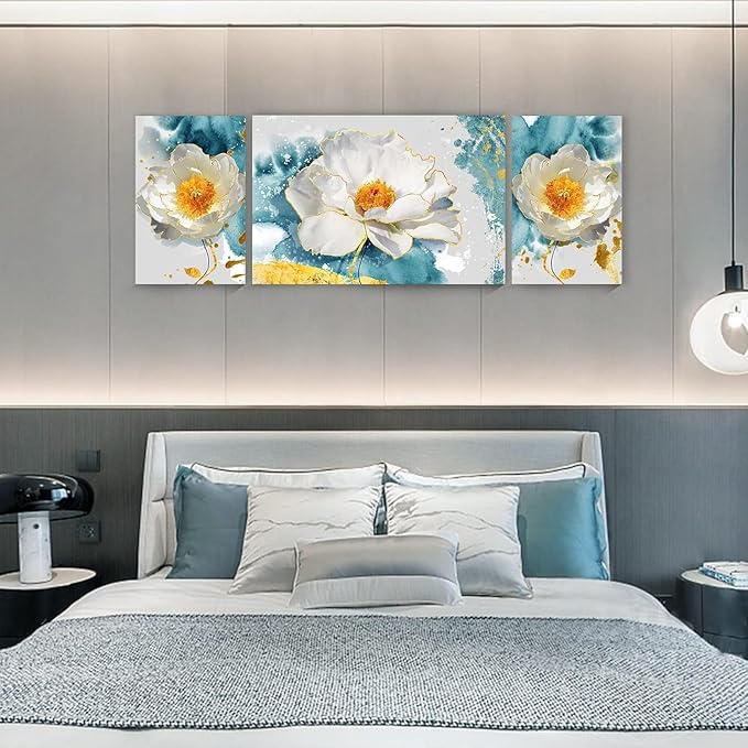 SERIMINO Peony Flower Canva Wall Art for Living Room, Modern White Blossom Artwork Blue Floral Picture Wall Decor for Bedroom Bathroom Kitchen Dining Room Prints Paintings for Home
