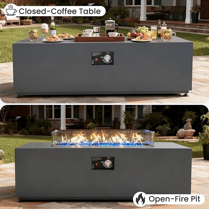 Aeeiua 42" Propane Fire Pit Table Set with Tank Holder, Rectangle 2-Piece Outdoor Firepit Wind Guard, Lid, Glass Stones and Cover