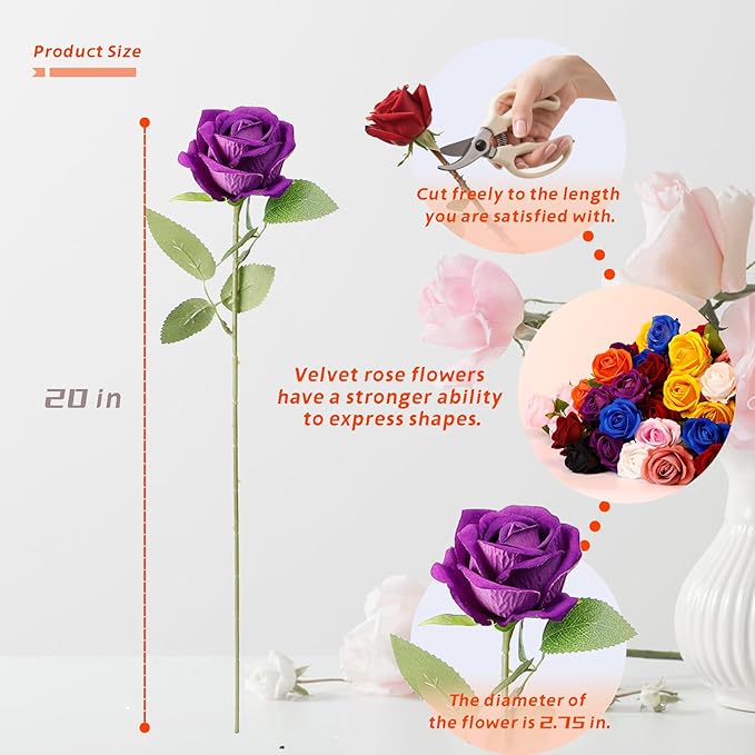 12 Pcs Artificial Rose Flowers, Silk Roses with Long Stems, Realistic Fake Roses for Wedding Centerpiece Party Home and Office DIY Decor, Purple
