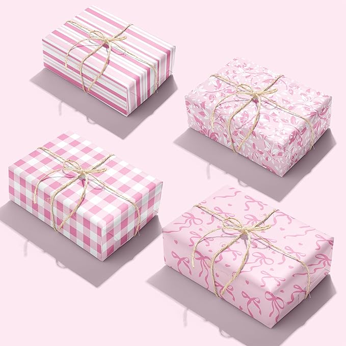 MotiGiftie Pink Wrapping Paper Sheet - 8 Sheets Folded Flat Gift Wrap with Cute Ribbon Bow, Pink Plaid, Stripes and Leaves Design for Girl Baby Shower, Birthday, Wedding - 20 X 28 Inch Per Sheet
