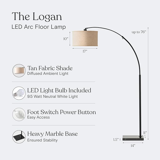 Brightech Logan Arc Floor Lamp, Bright Standing Lamp for Living Rooms, Offices & Bedrooms, Modern Living Room Décor, Tall Hanging Floor Lamp for Reading and More – Black