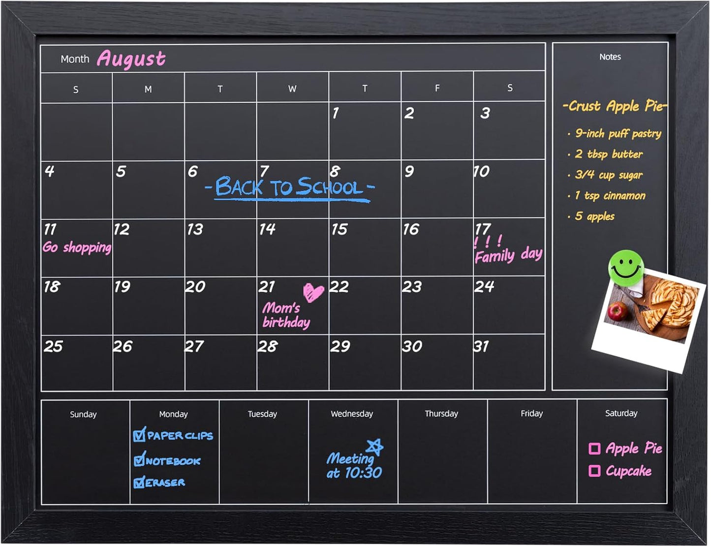 **Skiennix 3-in-1 Chalkboard Calendar - Magnetic Monthly & Weekly Planner | 17x13 Inches with Black Wood Frame**