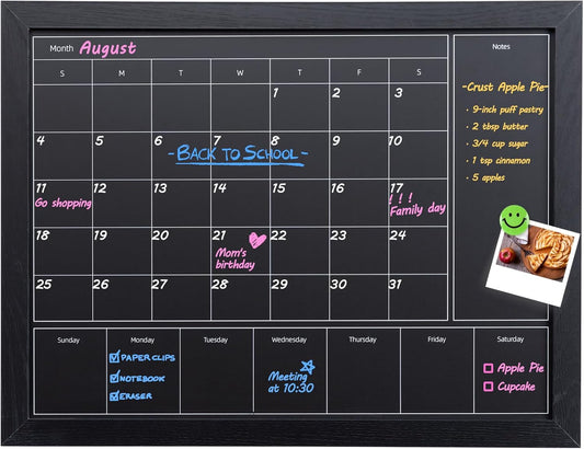 **Skiennix 3-in-1 Chalkboard Calendar - Magnetic Monthly & Weekly Planner | 17x13 Inches with Black Wood Frame**