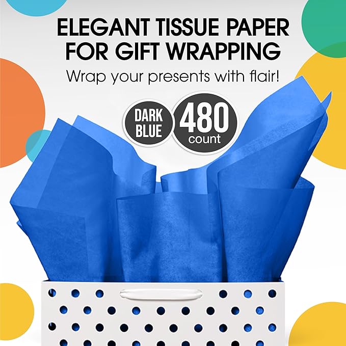 Party Solids Dark Blue Tissue Paper for Gift Bags - 15" X 20" Bulk Tissue Paper Dark Blue 480 Sheets - 10lb Newsprint for Packing, Birthday Gift Box Filler, Packing Supplies for Moving Supplies