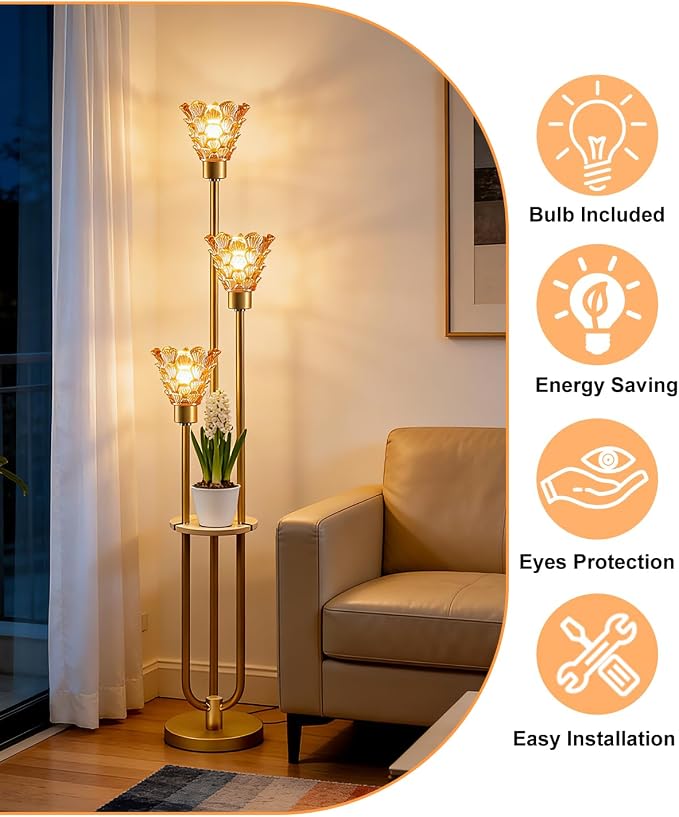 3-Light Modern Glass Floor Lamp with Shelf, Gold Tall Standing Lamp with Amber Flower Glass Shade, LED Floor Lamp with Foot Switch& 5Lbs Heavy Base for Living Room Bedroom, Bulb Included