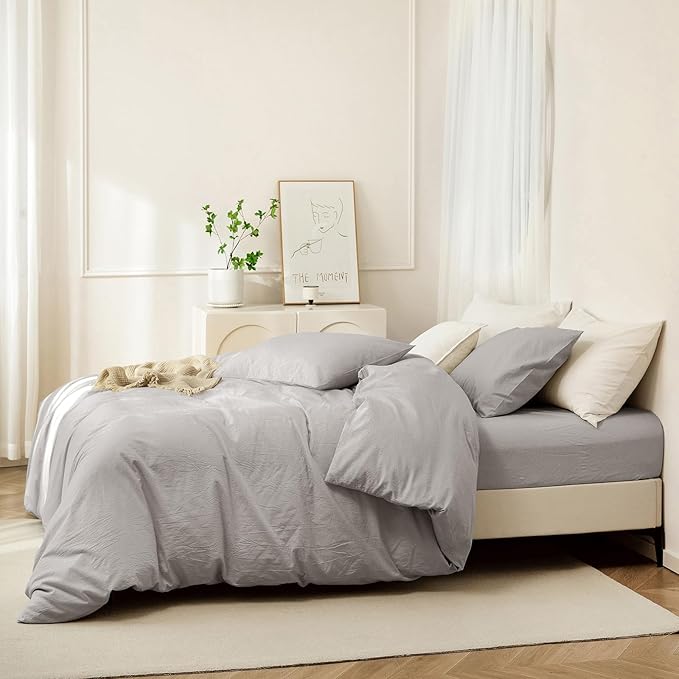JIYUAN 100% Washed Cotton Duvet Cover Set 3 Pieces Full, 1 Duvet Cover 80x90 Inches(Comforter Not Included) and 2 Pillowcases,Linen Feel Bedding Set Comfy and Breathable, Heathered Pastel Grey