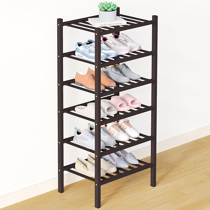 Smiry Bamboo Shoe Rack for Closet, 6 Tier Small Wooden Stackable Shoe Organizer, Free Standing Shoes Storage Shelf for Entryway, Front Door Entrance, Brown