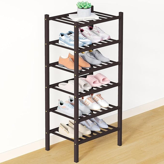 Smiry Bamboo Shoe Rack for Closet, 6 Tier Small Wooden Stackable Shoe Organizer, Free Standing Shoes Storage Shelf for Entryway, Front Door Entrance, Brown