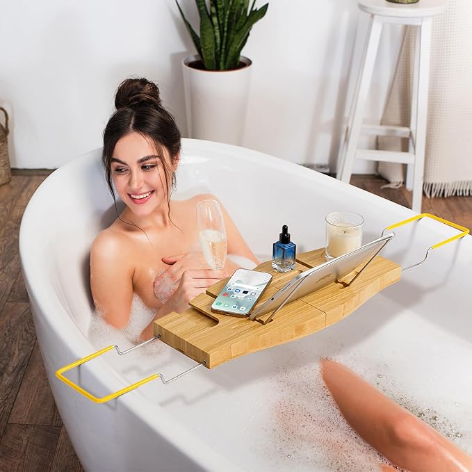 Bamboo Bathtub Tray Expandable Bathroom Tray for Home Spa Relaxation, Wooden Tray Caddy for Bathtub, Bamboo Bathtub Caddy as Unique Housewarming, Birthday, Wedding Shower Gifts.