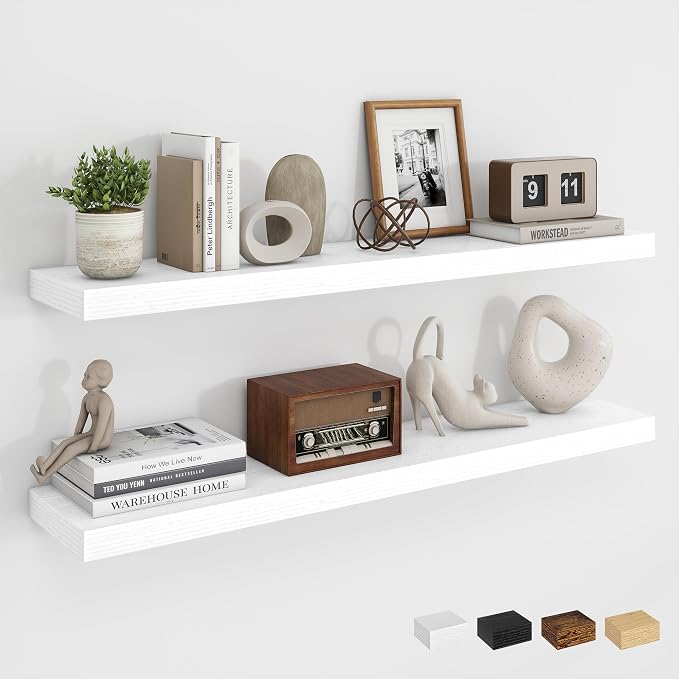 Dreamland 36Inch Floating Shelves for Wall, Rustic Wooden White Floating Shelves for Bathroom|Bedroom|Kitchen, Deep Wall Mounted Book Shelf, Wood Storage Display Shelf for Home Decor, Set of 2