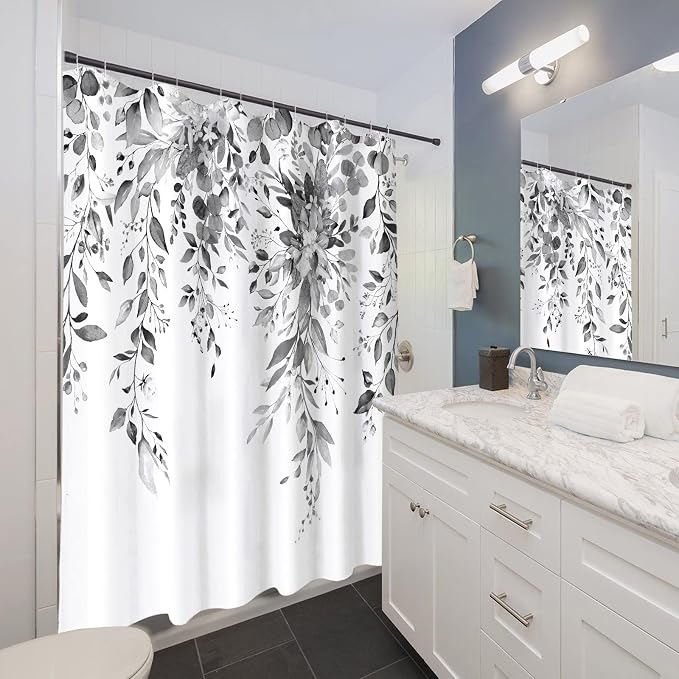 Gray and White Eucalyptus Shower Curtain Watercolor Grey Floral Plant Leaf Shower Curtains for Bathroom Botanical Flower Waterproof Fabric Bath Curtain Decor with Hooks (Black, 72'' x 72'')