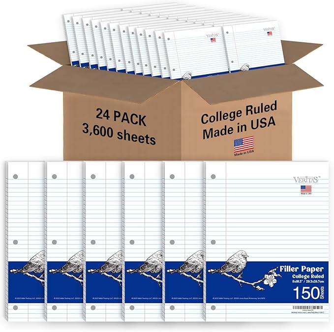WritePads Loose Leaf Notebook Paper, 8"x10-1/2" College Ruled Lined Paper, 3 Hole Punched For 3 Ring Binder, 150 Sheets/Pack, 24PK Per Carton, 3600 Sheets, Made In USA
