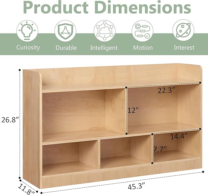 Wooden Storage Cabinet, 2-Tier Montessori Bookshelf, 5-Section Kids Toy Storage Organizer Toddler Book Shelf, Book Shelf for Kids Rooms, Playroom and Preschool