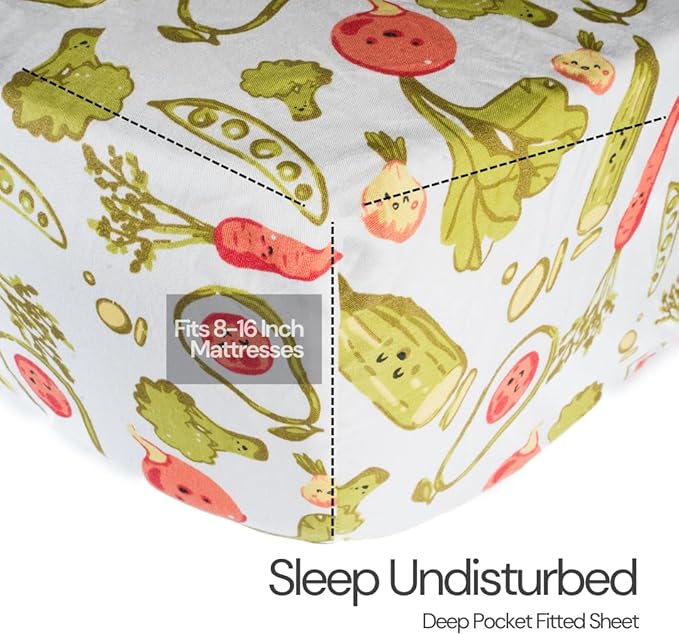 Salt Earth 100% Cotton 210TC Kids Bedsheet, Twin Sheets Set for Toddler Bed, 3 Piece Bedding Set Including Flat Sheet, Fitted Sheet, and Pillowcase, Themed Sheets for a Playful Kids Bed (Veggie)