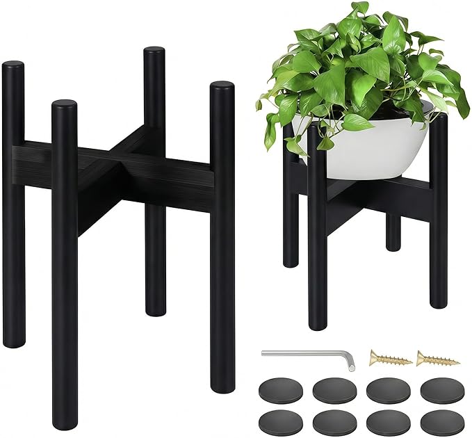 2 Pack Bamboo Plant Stands, Adjustable Plant Stand Indoor, Mid Century Modern Plant Stand, Plant Holder for Living Room, Balcony Fits 8 to 12 Inches Pots (Black)