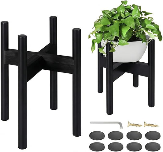 2 Pack Bamboo Plant Stands, Adjustable Plant Stand Indoor, Mid Century Modern Plant Stand, Plant Holder for Living Room, Balcony Fits 8 to 12 Inches Pots (Black)