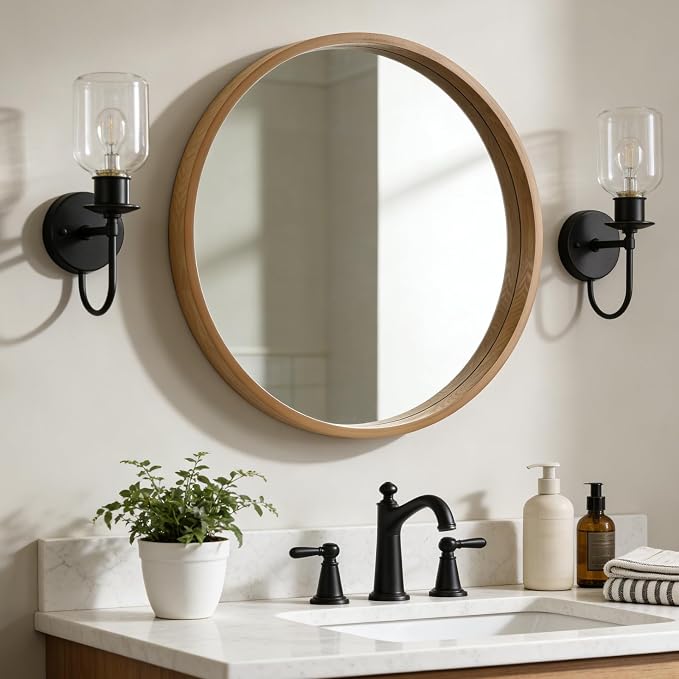 WallBeyond 28 Inch Natural Round Wood Mirror, Large Circle Wooden Frame Wall Mirror for Bathroom, Living Room, Bedroom, Entryway