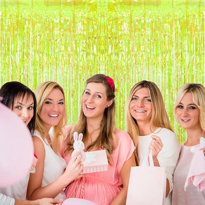 2 Pack Neon Green Foil Fringe Backdrop Curtains Party Decoration, 3.2 x 8.2 ft Tinsel Backdrop Curtains for Parties Photo Booth Wedding Graduations Birthday Party Supplies (Iridescent Green)