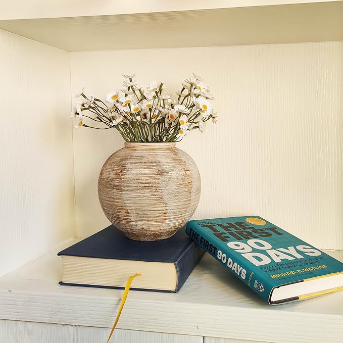 Rustic Ribbed Vase Home Decor - 6.3 in Ceramic Vintage Farmhouse Vases for Decor, Decorative Terracotta Round Bowl vase for Living Room, Table, Shelf, Kichen Decor