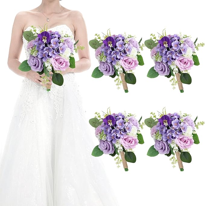 Set of 4 Bridesmaid Bouquets for Wedding - 7 Inch Artificial Flowers Bouquets for Ceremony Anniversary Centerpieces Decorations - Lilac & White