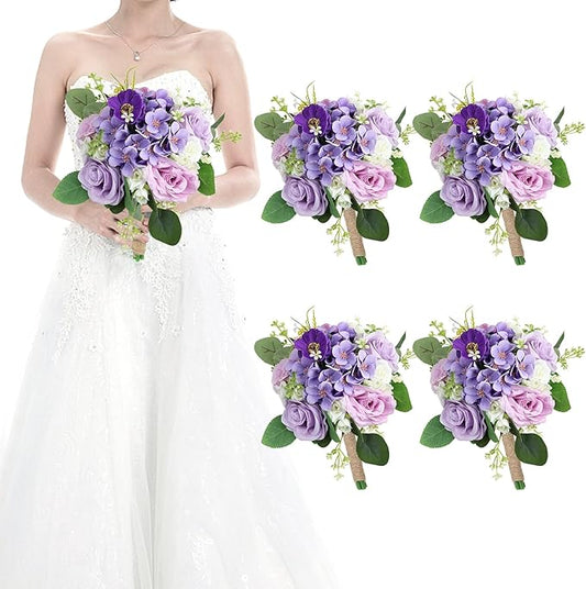 Set of 4 Bridesmaid Bouquets for Wedding - 7 Inch Artificial Flowers Bouquets for Ceremony Anniversary Centerpieces Decorations - Lilac & White