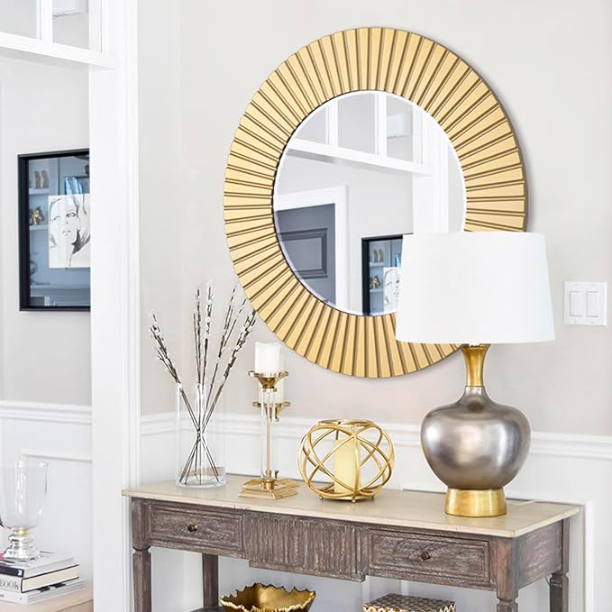 Chende Gold Mirror for Wall Decor, 30'' X 30'' Round Decorative Wall Mirror with Wood Frame, Elegant Accent Mirror for Living Room, Entryway, Bathroom