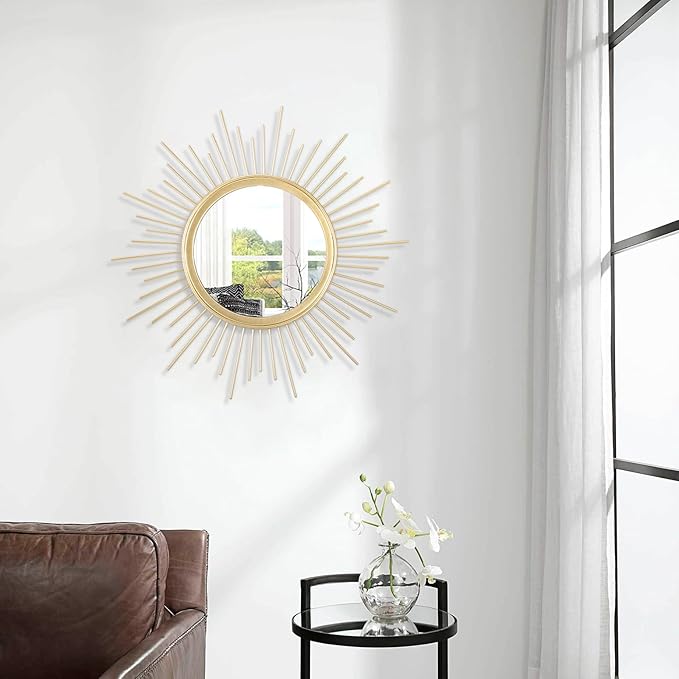 Large Gold Spoked Sunburst Wall Mirror Boho Home Decor Round Wall Art Mirror Modern Metal Mirrors for Wall Living Room Vanity Bathroom Bedroom Hallway Balcony Entryway 20"