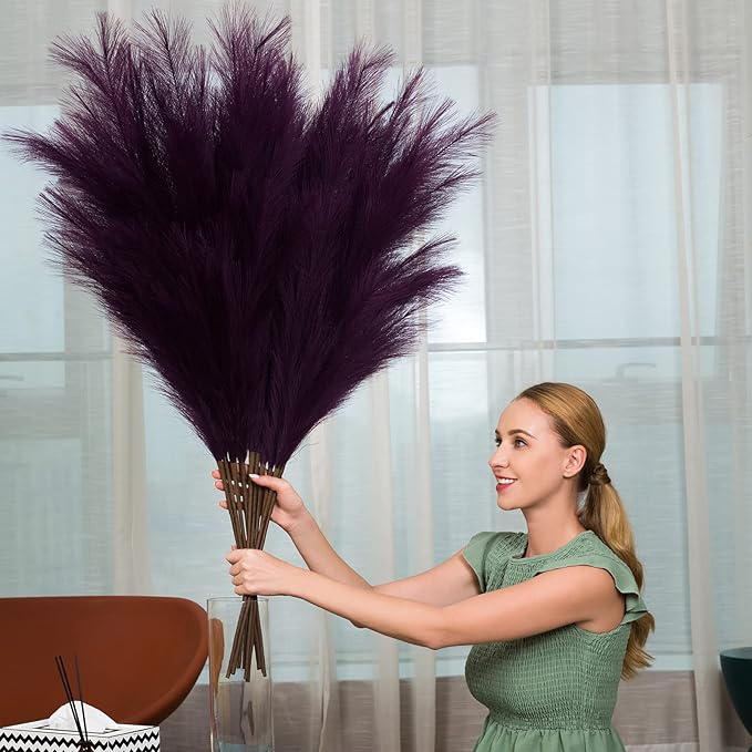 Pampas Grass Decor Tall, 43"/110cm Faux Pampas Grass 6 Stems Large Pompass Grass Branches Tall Bulk Boho Flower Arrangement for Home Room Wedding Party Decor(Purple)