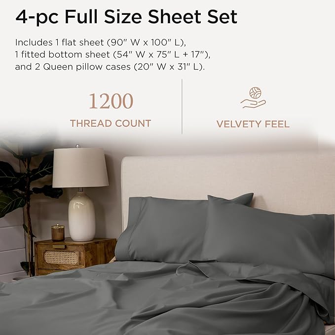 Threadmill Luxury Supima Cotton Sheets, Luxury 1200 Thread Count Soft 100% Cotton Sheets for Full Size Bed, 4 Pc Dark Grey Bed Sheets Full Set, 5-Star Hotel Quality Deep Pocket Bed Sheets Set