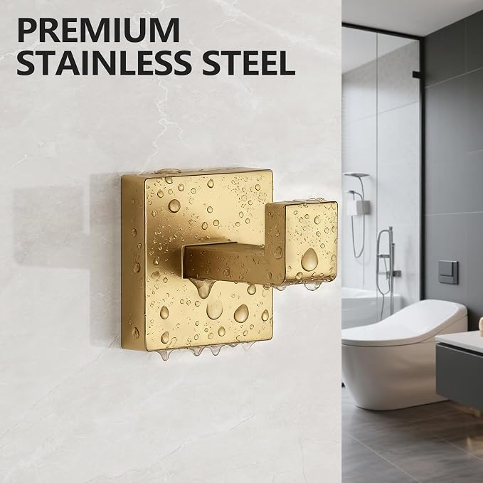 Kruodop 4 PCS Towel Hooks for Bathroom, Wall Mount Towel Holder, Black Matte Wall Robe Hook,Square Stainless Steel Door Hanger Towel Hook for Kitchen, Bedroom,Hotel,Pool,Coats（Gold）