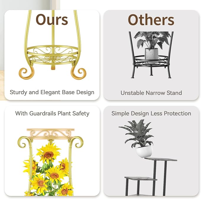 LASZOLA 2 Tier Gold Metal Plant Stand for Multiple Large Planters Indoor Outdoor Organizer, Heavy Duty Tall Flower Stand for Corner Patio Bathroom Office, Modern Sturdy Vertical Iron Rack, Cat Proof