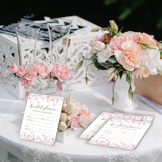 Pink Floral Bridal Shower Invitations, Spring Butterflies Invites with Envelopes, 4x6 Invite Card for Wedding Shower, Newlyweds, Party Favor & Decorations-A02