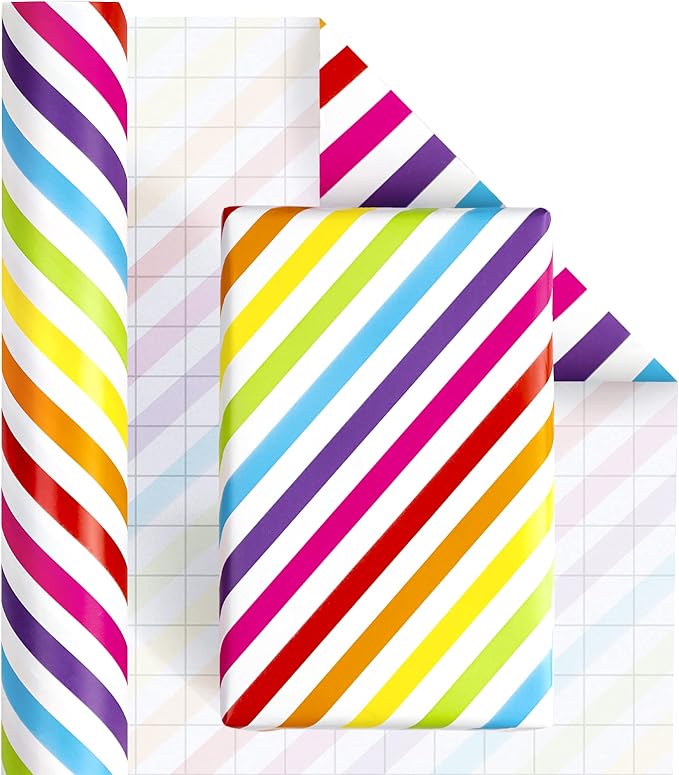 WRAPAHOLIC 30 Inch Birthday Wrapping Paper Roll - Jumbo Colorful Stripe Design for Birthday, Holiday, Party, Baby Shower - 30 Inch x 33 Feet