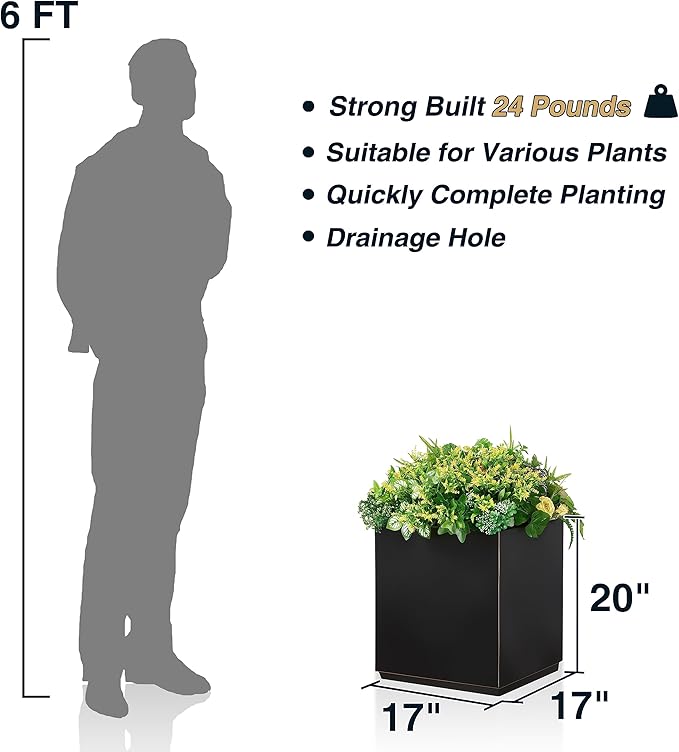 Wallowa Metallic Heavy Cube Planter Box, No Assembly Required, Seamless Large Black Outdoor Planter 17”Lx17”Wx20”H 24Pounds Black with Hand Brushed Gold Rim