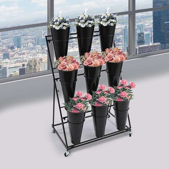 DYRABREST Flower Display Stand with Buckets, Black 3 Layers Metal Plant Stand with 9 Pieces Buckets, Moving Florist Bouquet Shelf for Fresh Flower Shop, for Patio Garden, Outdoor Flower Pop-Up Events
